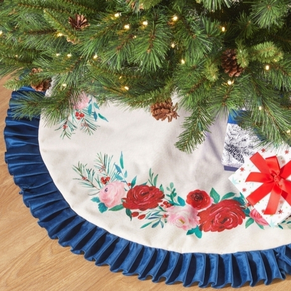 Pioneer Woman Blue Ruffle & Red Roses Christmas Tree Skirt, 48" - Picture 1 of 4